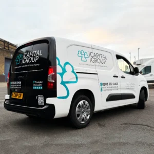 Custom van wrap for Capital Group featuring company branding and Trustpilot rating