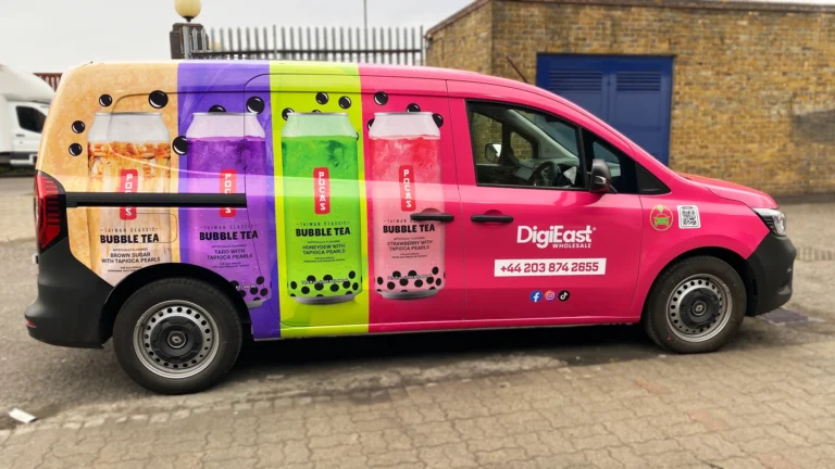 DigiEast Wholesale Custom Van Wrap featuring colorful bubble tea designs, contact information, and a vibrant logo that grabs attention, ensuring the vehicle stands out as a mobile advertisement for the brand.