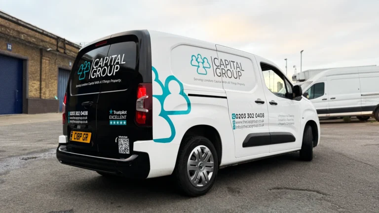 Custom van wrap for Capital Group with teal and white design, showcasing professional services and Trustpilot Excellent rating