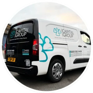 Professional van wrap for Capital Group in London, featuring branding and contact details.