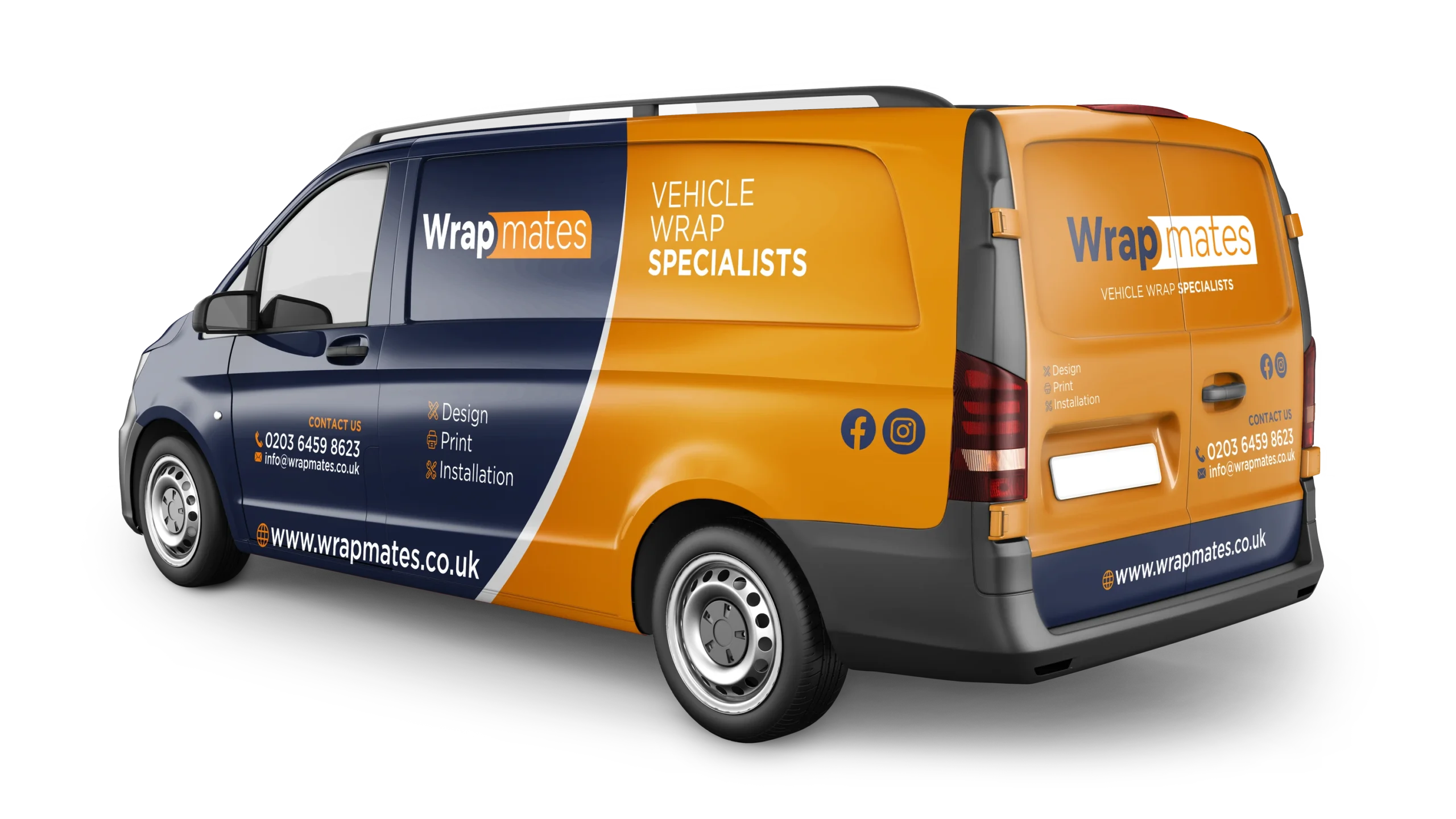 Company van wrapped with WrapMates branding showcasing their contact details and services.