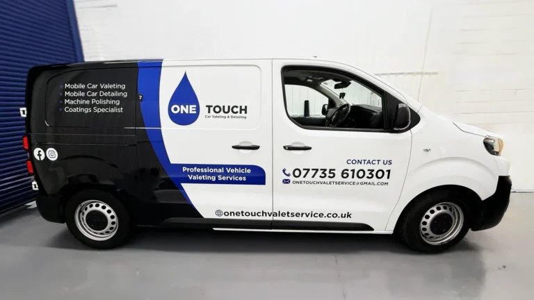 A professionally wrapped van for "One Touch Car Valeting & Detailing," showcasing custom van wrap, vinyl wrap design, business branding services, and contact information, transforming the vehicle into a sleek, mobile advertisement that enhances brand visibility.