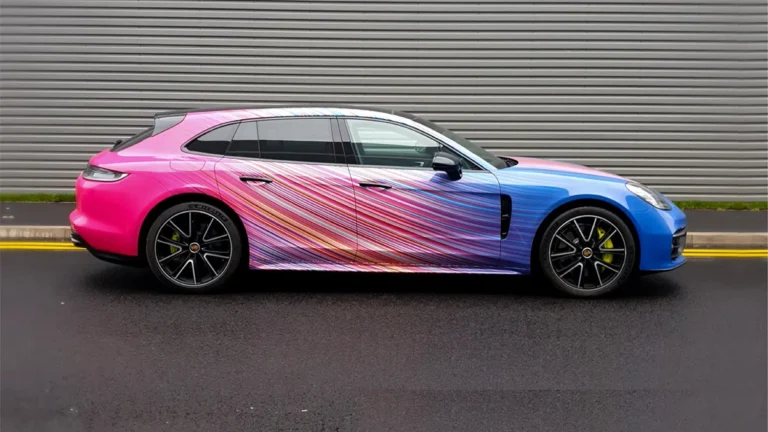 Stand out with a stunning pink-to-blue gradient wrap. Professional car wrapping, custom graphics, PPF protection, and expert colour change services.