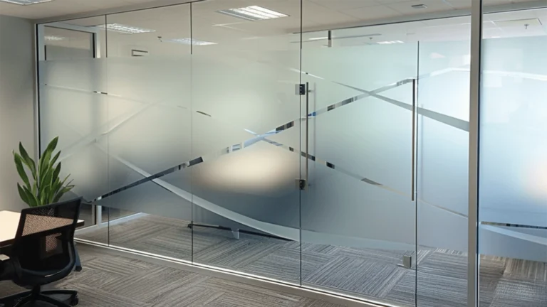 Modern frosted glass window film with an elegant wave pattern applied to office glass partitions.