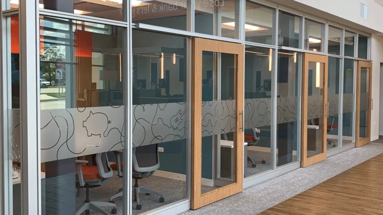 Frosted glass window film with a custom etched line-art design applied to office glass partitions for privacy and branding.