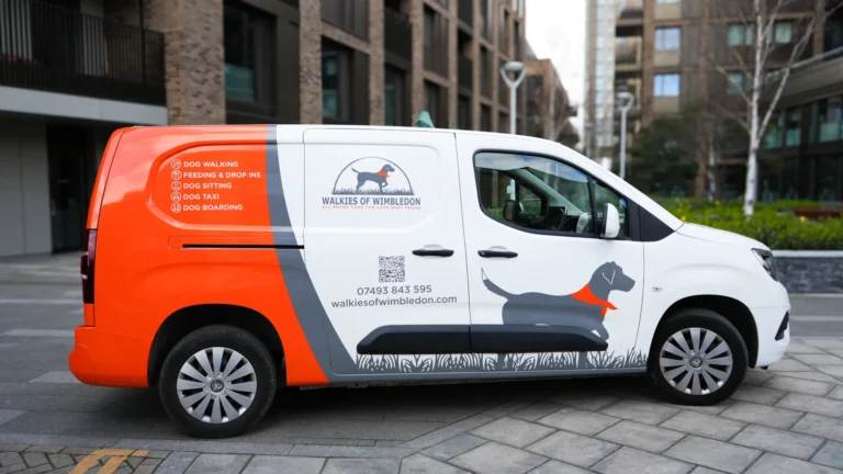Side view of Walkies of Wimbledon van wrap designed by a wrap company near me in London