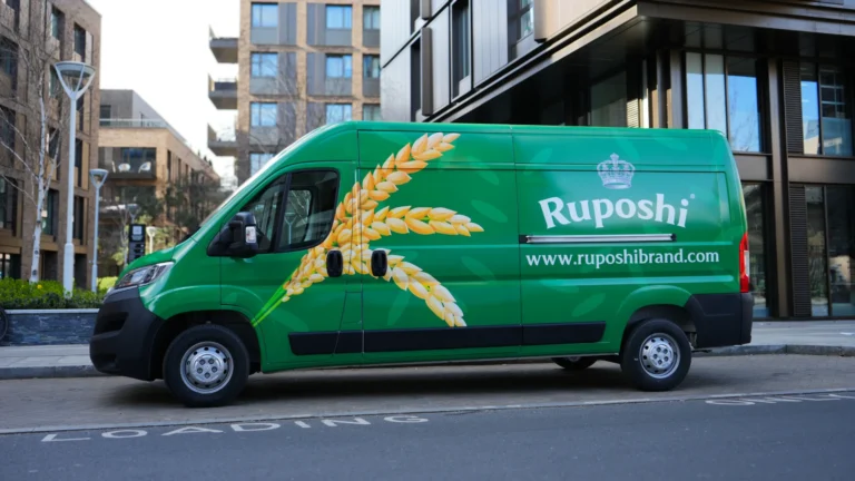 Side profile of Ruposhi Brand rice delivery van wrap by a wrap company near me in London