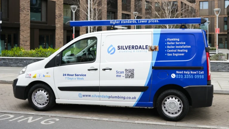 Silverdale Plumbing & Heating van wrap by a wrap company near me in London featuring blue and white branding