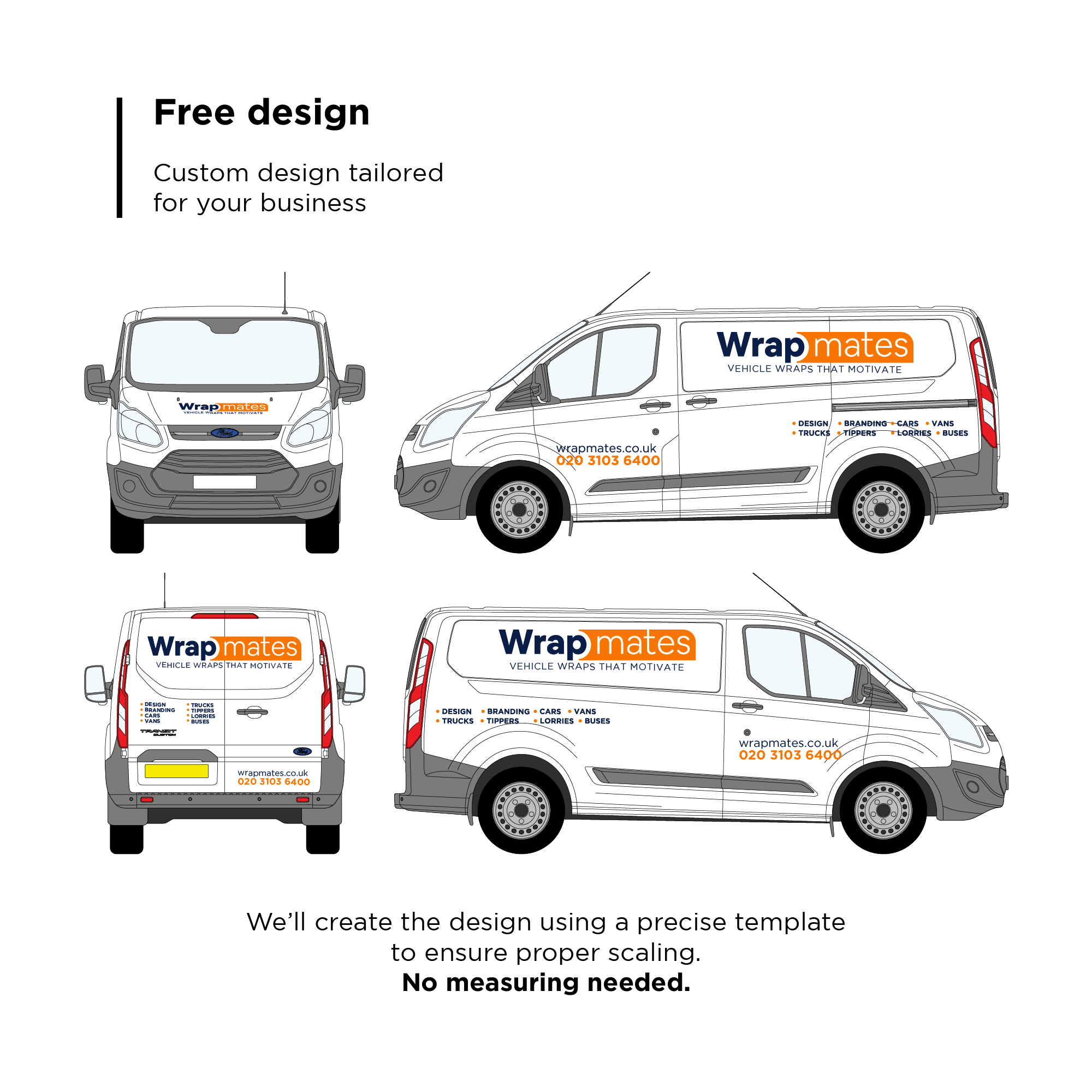 WrapMates DIY vehicle wrap kit applied to Ford Transit vans with full front, side, and rear branding views.