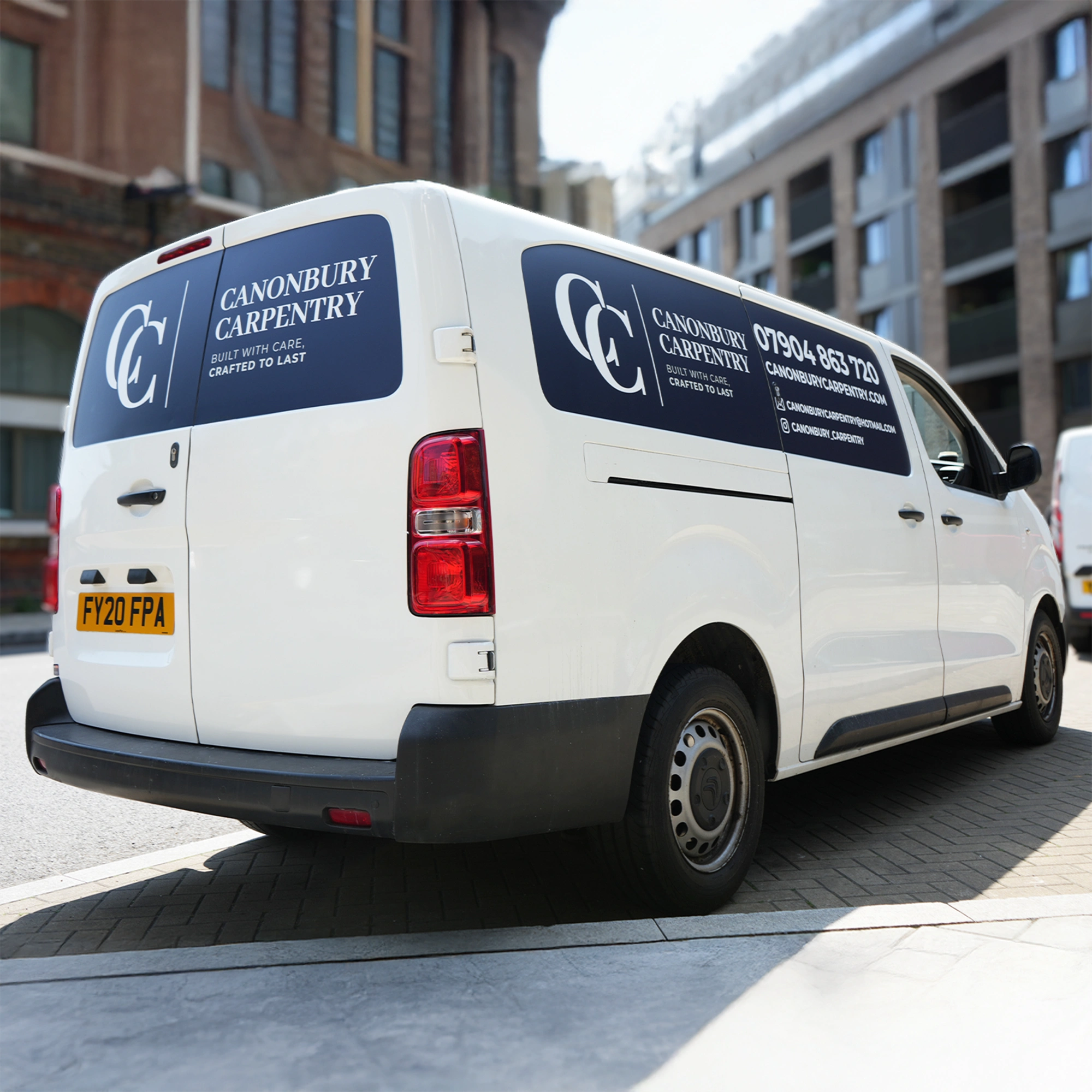 Canonbury Carpentry van with custom vinyl wrap, vehicle branding, and professional van graphics in London.