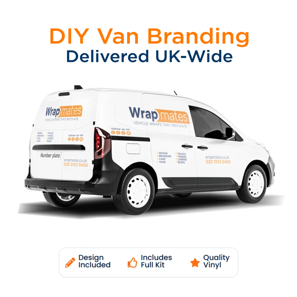 SMALL VAN DECALS MAIN IMAGE with text Wrapmates branded van with custom vinyl wrap, van graphics, and professional vehicle branding in London.