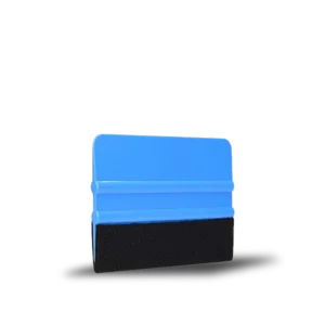 Blue vinyl wrap squeegee with felt edge used for smooth application of vehicle wraps and van decals without scratching surfaces.