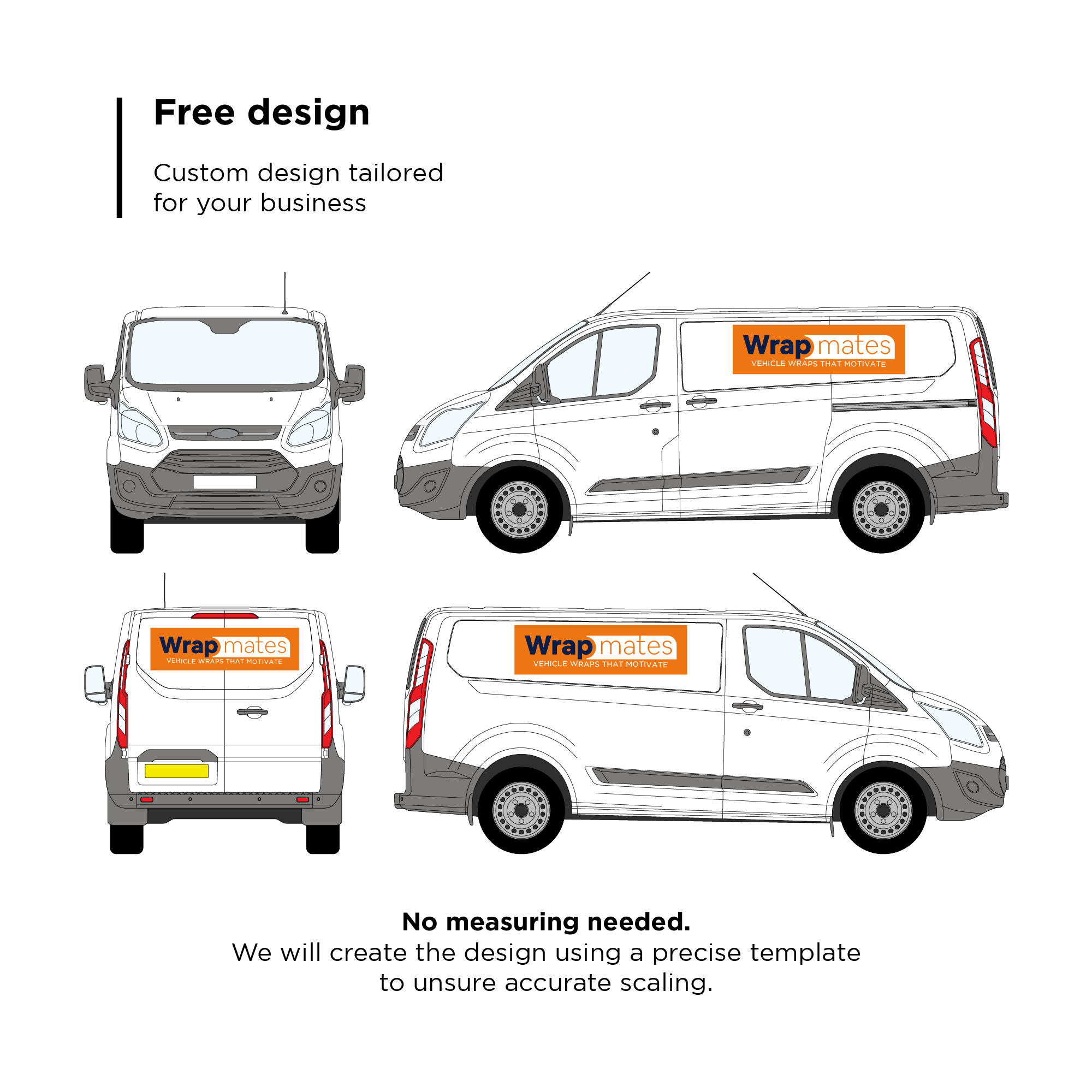 Wrapmates van wrap design template showing full vehicle views with branded vinyl graphics and custom business decals for accurate scaling and fitting.