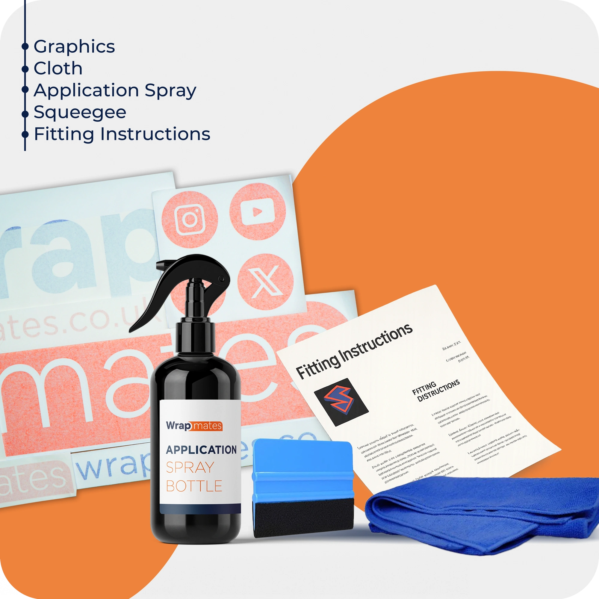 Wrapmates vinyl application kit including spray bottle, squeegee, cloth, fitting instructions, and custom graphics for van wrapping and decal installation.