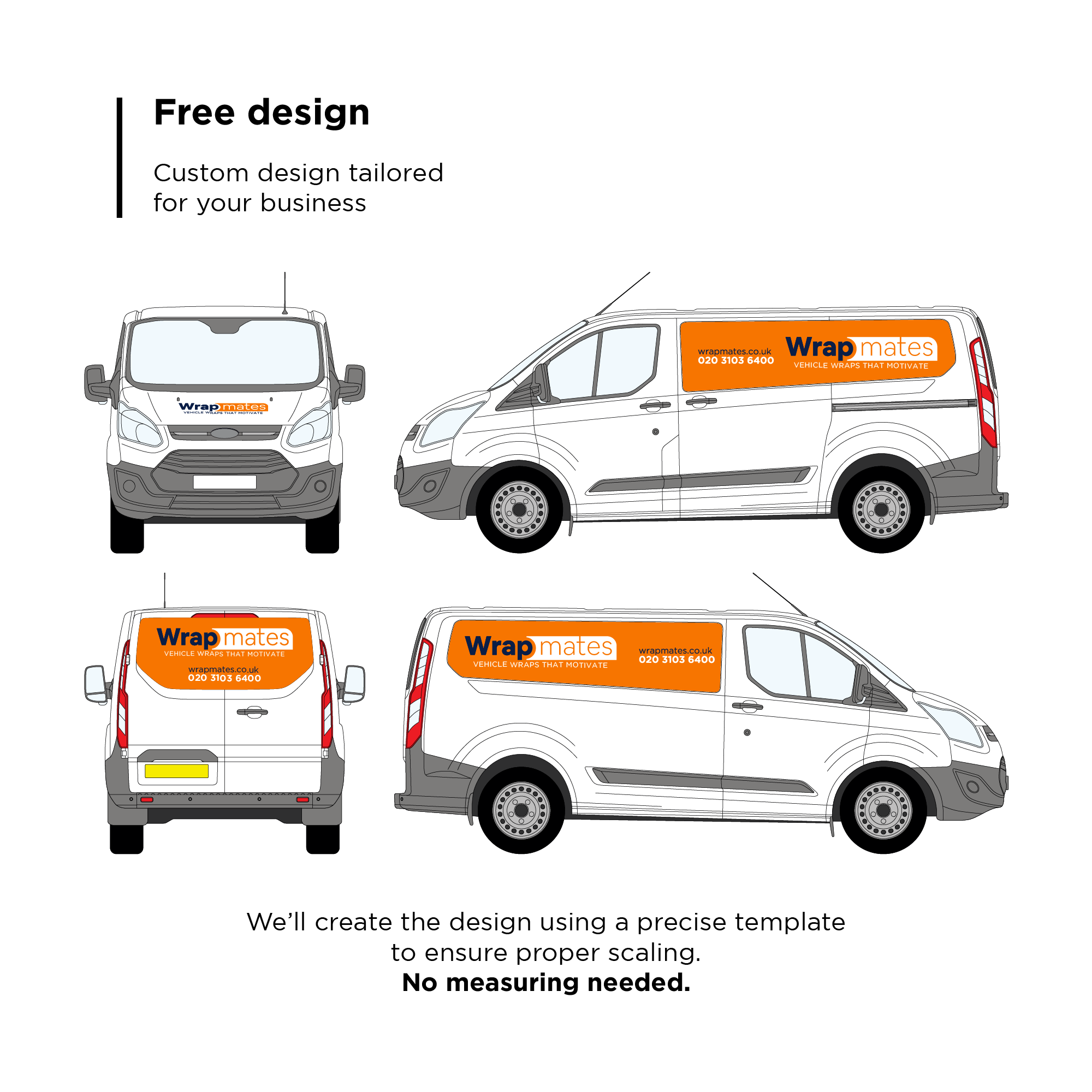 Wrapmates van wrap design template showing full vehicle views with branded vinyl graphics and custom business decals for accurate scaling and fitting.