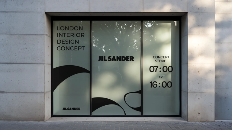 Storefront window graphics for Jil Sander, promoting a "LONDON INTERIOR DESIGN CONCEPT" and listing the "CONCEPT STORE" opening hours as 07:00 to 16:00. The design features black, sweeping, minimalist abstract lines.