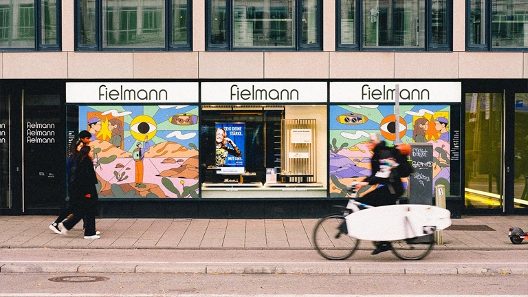 Storefront windows for Fielmann, featuring three panels of bright, psychedelic illustration with cartoon characters and surreal landscapes. A person is cycling with a surfboard attached to their bike in the foreground.