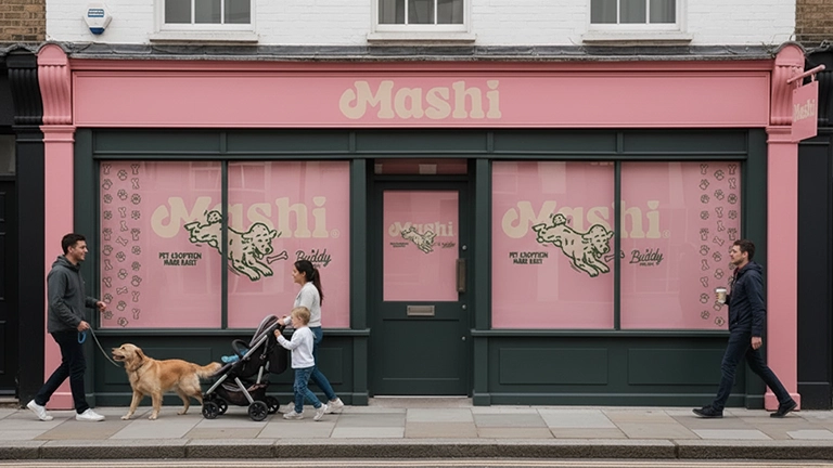 Storefront for 'Mashi,' a pet adoption service, featuring light pink window graphics with a cartoon dog chewing a bone. The facade is painted pink and dark green.