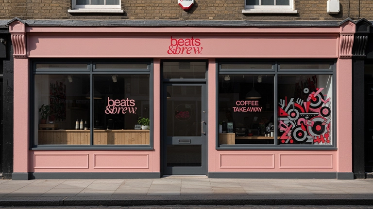 Storefront for 'beats & brew' coffee shop, featuring a pink facade and dark grey trim. The windows display minimalist branding and a vibrant, abstract geometric graphic in red, pink, and white.