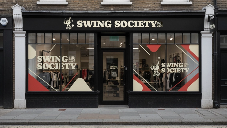 Storefront for 'SWING SOCIETY,' established 2024, featuring bold, geometric window graphics in red, white, and tan. The facade is black brick with white pillars.