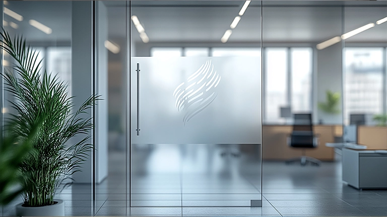 Interior glass office door with a frosted vinyl graphic of an abstract, upward-swooping, wing-like or flame-like logo, partially obscuring the view of the modern office space beyond.