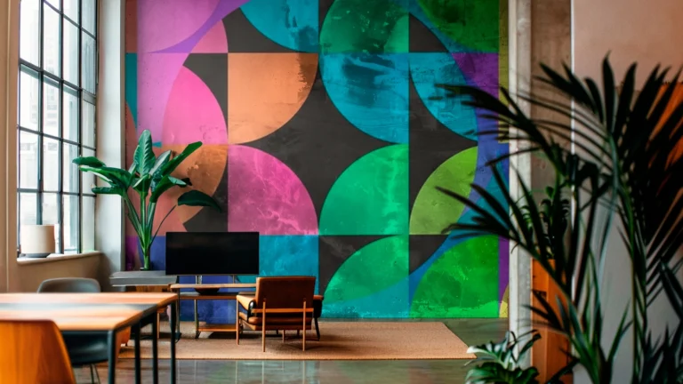 A floor-to-ceiling interior wall mural featuring a bold, textured pattern of overlapping quarter-circles in vibrant pink, teal, orange, and green.