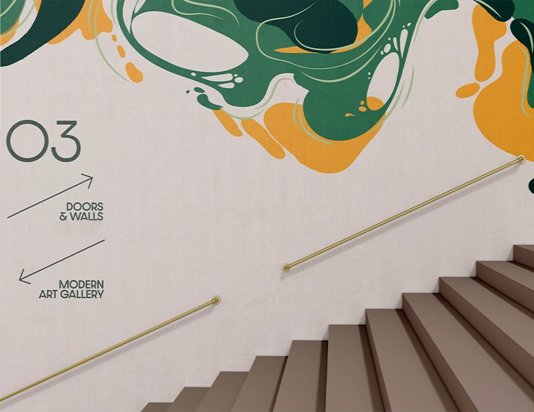 Large-format wall poster and directional signage printed on a textured gallery wall beside a staircase.