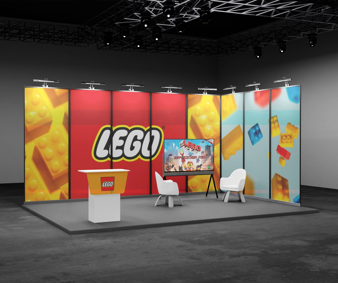 A professional exhibition booth for LEGO featuring large-scale backlit graphics of bricks, a branded podium, and a digital display screen.