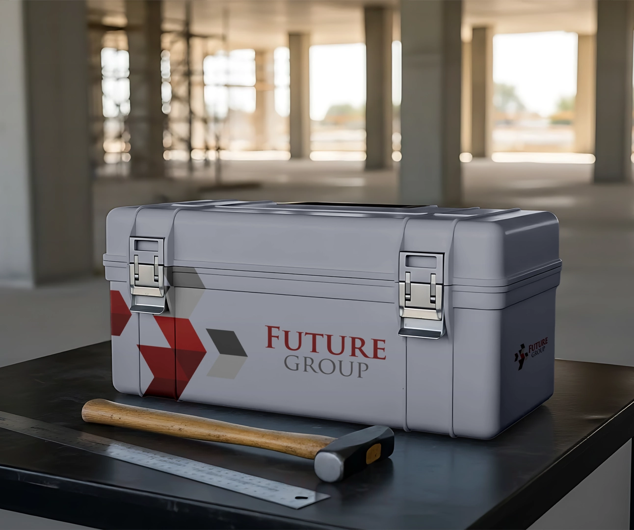 A grey professional toolbox with red 'Future Group' branding sitting on a workbench next to a hammer and ruler, with a blurred construction site in the background.