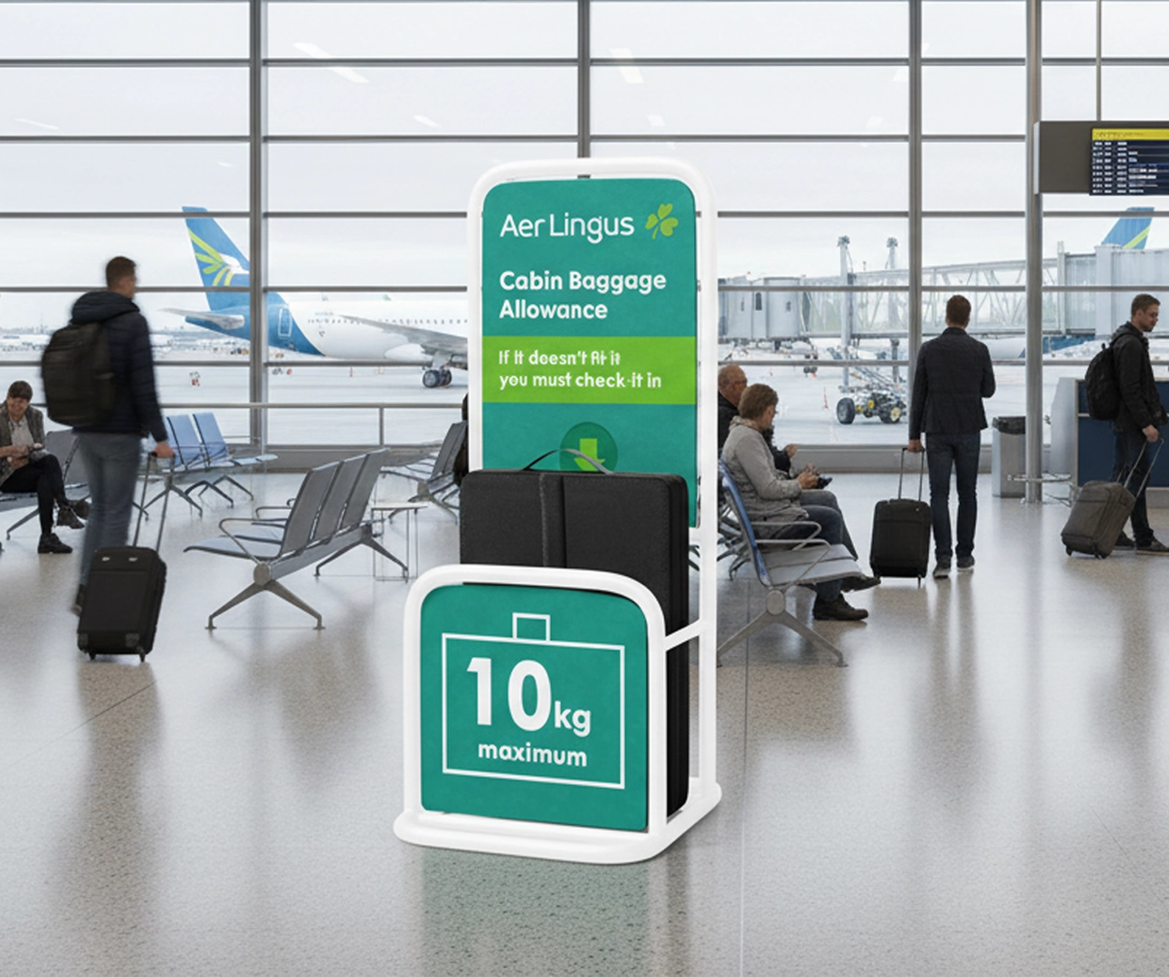 A white Aer Lingus baggage sizer in an airport terminal, featuring teal branding, a "10kg maximum" sign, and a black suitcase being measured.
