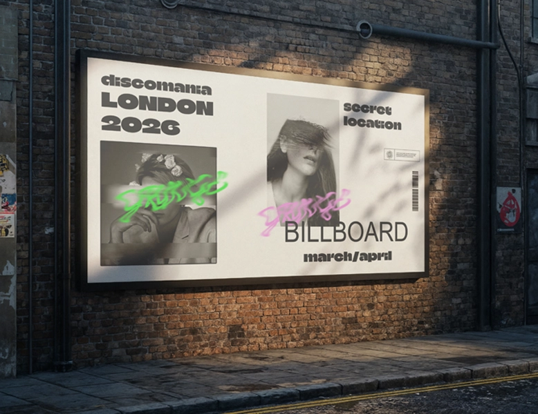 Large horizontal outdoor billboard mounted on a brick wall, featuring "Discomania London 2026" event branding with graffiti-style overlays.