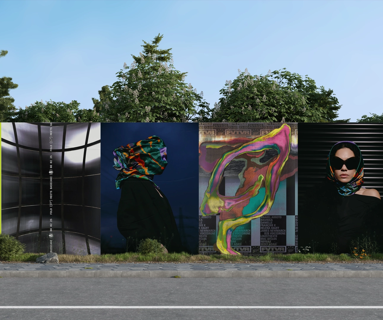 Four large-format outdoor hoarding panels featuring high-fashion and abstract graphic art installed along a roadside