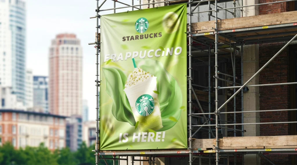 A large, vertical green Starbucks banner hanging from a metal scaffolding structure, featuring a Frappuccino graphic