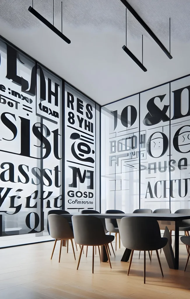 A modern meeting room with grey chairs and a black table, separated by glass walls featuring large black typographic art and bold lettering.