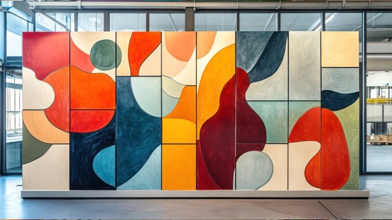 A massive floor-to-ceiling interior wall composed of vertical rectangular panels, featuring a continuous abstract painting of organic shapes in vibrant orange, red, blue, and yellow.