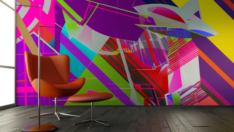 A massive floor-to-ceiling interior wall composed of vertical rectangular panels, featuring a continuous abstract painting of organic shapes in vibrant orange, red, blue, and yellow