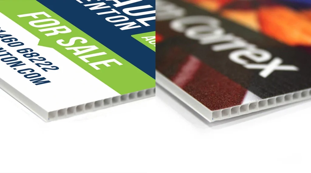 A side-by-side technical comparison showing the edge of a white fluted corex "FOR SALE" board for Paul Fenton on the left and a darker printed corex board on the right.