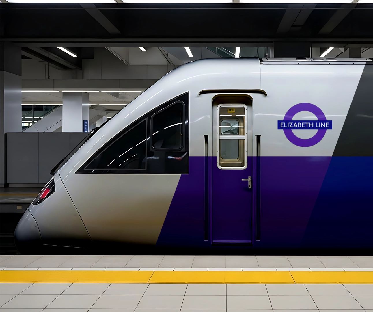 A close-up side profile of a modern silver and purple Elizabeth Line train stopped at a station platform with a yellow safety line.