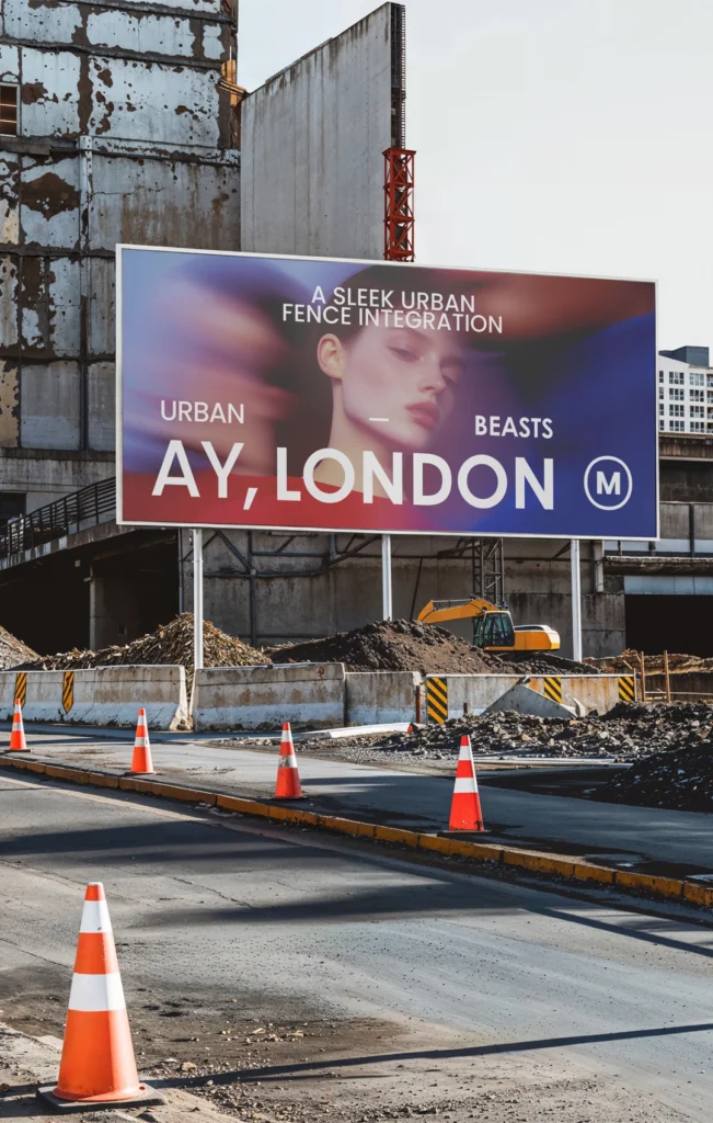 A large billboard at a construction site featuring a fashion advertisement for "URBAN BEASTS AY, LONDON," with orange traffic cones and an excavator in the foreground.