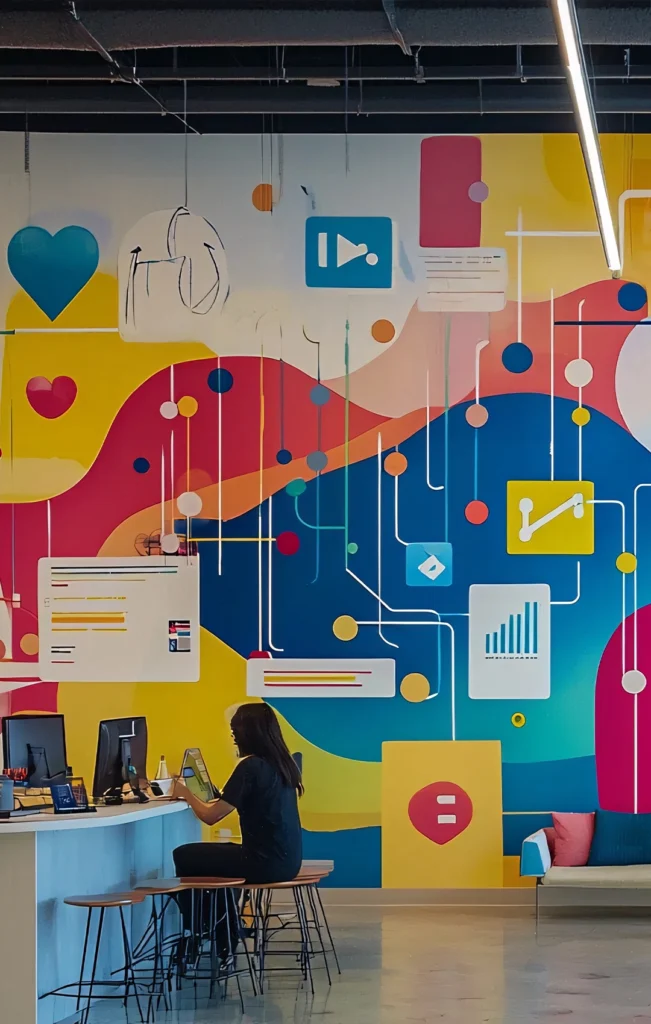 A person working at a desk in front of a large, colorful wall mural featuring abstract shapes and digital icons like heart symbols and bar graphs.