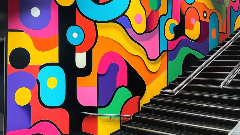 A high-contrast, multi-colored wall mural featuring overlapping liquid shapes and geometric patterns in pink, blue, yellow, and orange, spanning a staircase with black steps and silver handrails.