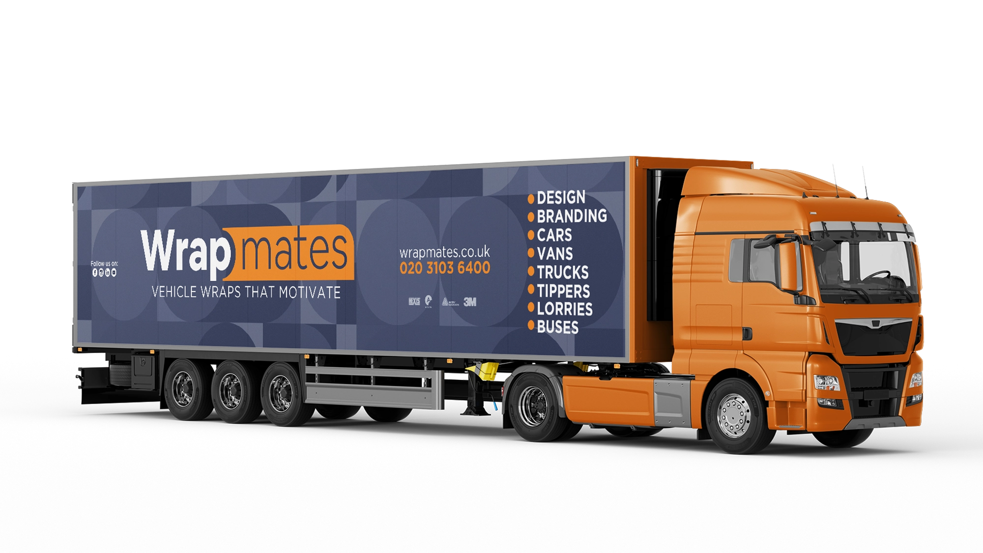 A large orange semi-trailer truck featuring a full blue and grey patterned vehicle wrap for 'Wrap mates' with a list of services and contact information.