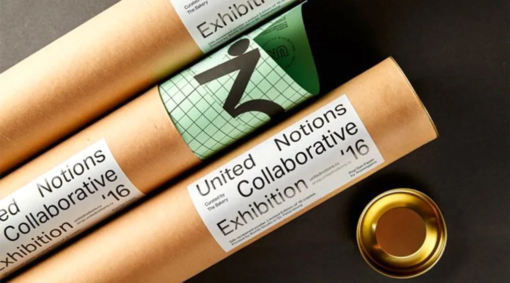 Three cardboard mailing tubes with large white rectangular labels featuring bold black typography for the United Nations Collaborative Exhibition '16, with a green silk-screened poster visible inside one tube.