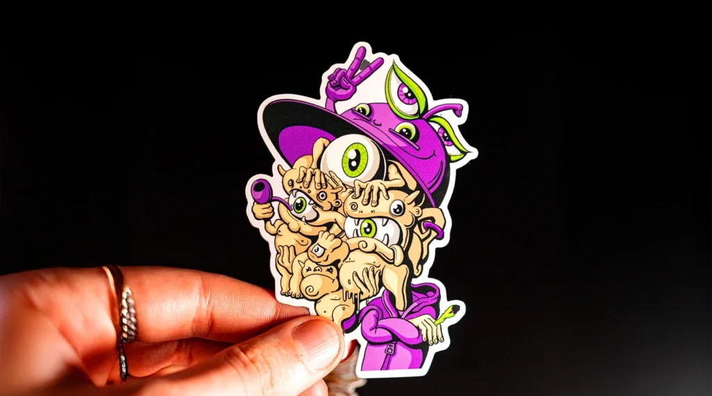 A hand holding a vibrant, multi-eyed purple monster sticker with a graffiti-style design, featuring a "peace" sign and intricate character details, die-cut with a white border.