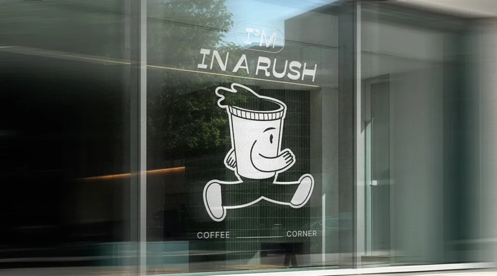 Large white vinyl window decal on a coffee shop storefront featuring a cartoon coffee cup character running and the text "I'M IN A RUSH COFFEE CORNER".