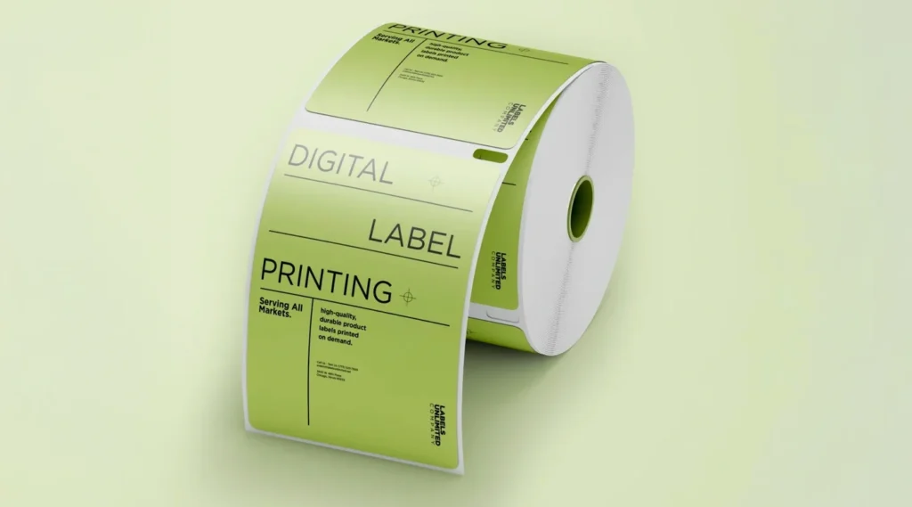 A large roll of light green labels with clean black typography reading "DIGITAL LABEL PRINTING," featuring technical details about high-quality, durable on-demand printing.