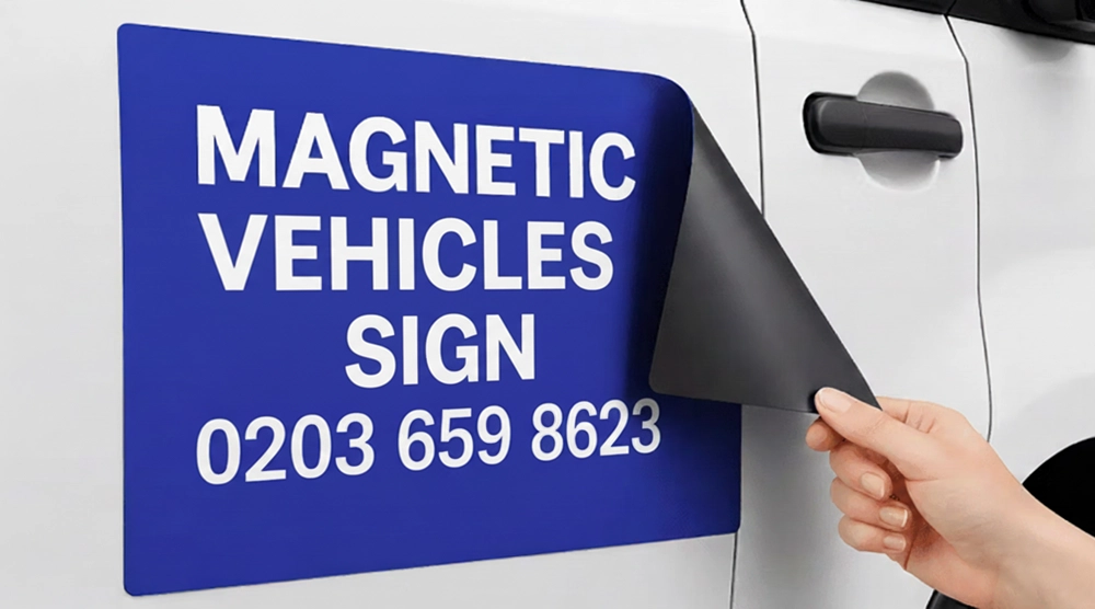 A person's hand peeling back the corner of a flexible blue magnetic sign from a white car door to show its ease of removal.