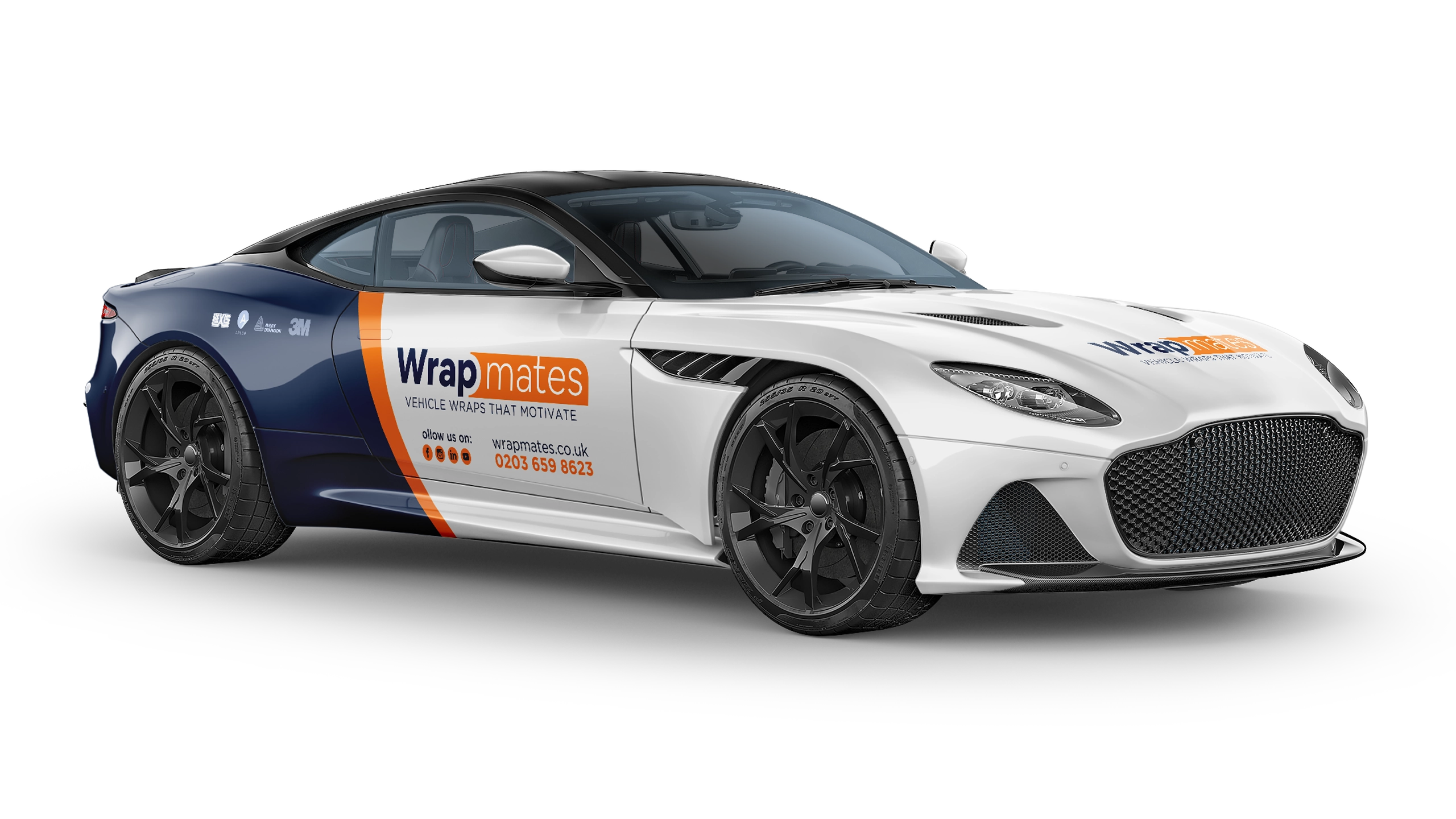 A high-performance white sports car featuring a partial navy and orange Wrap mates vehicle wrap on the rear quarter panel and hood.
