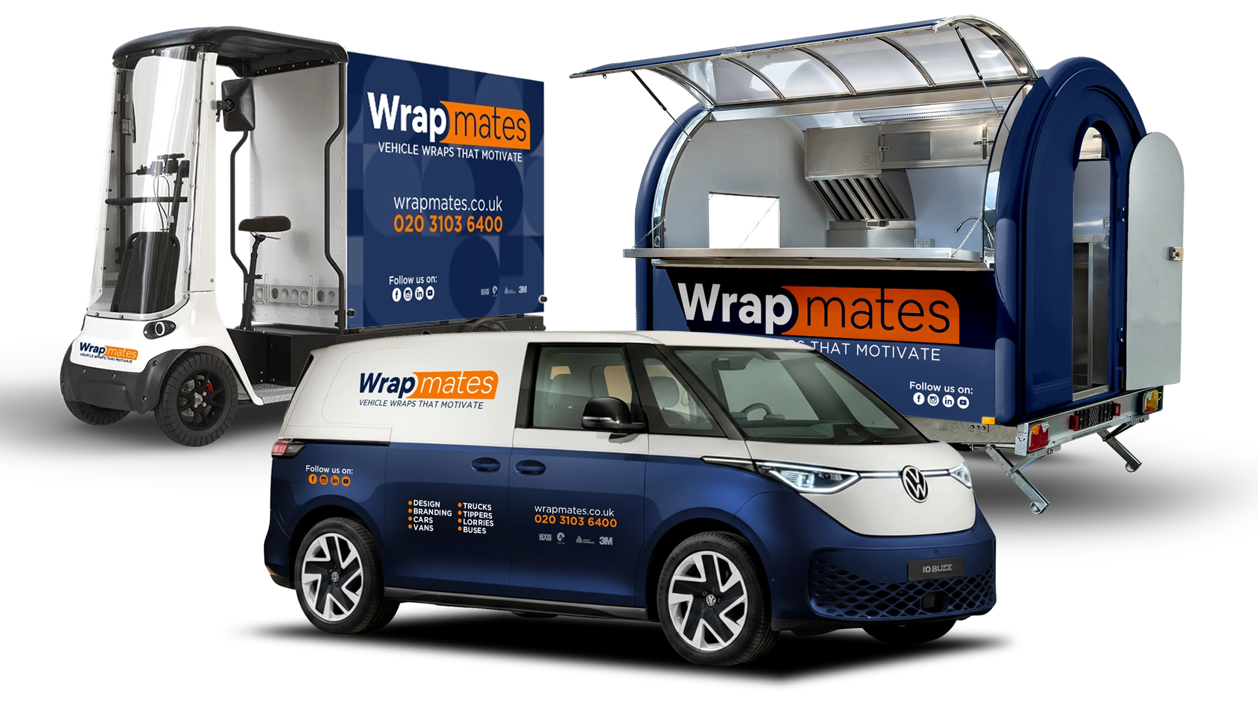 A composite image featuring three branded vehicles: a small electric utility trike, a modern electric van, and a mobile catering trailer, all showcasing Wrap mates navy and orange branding.