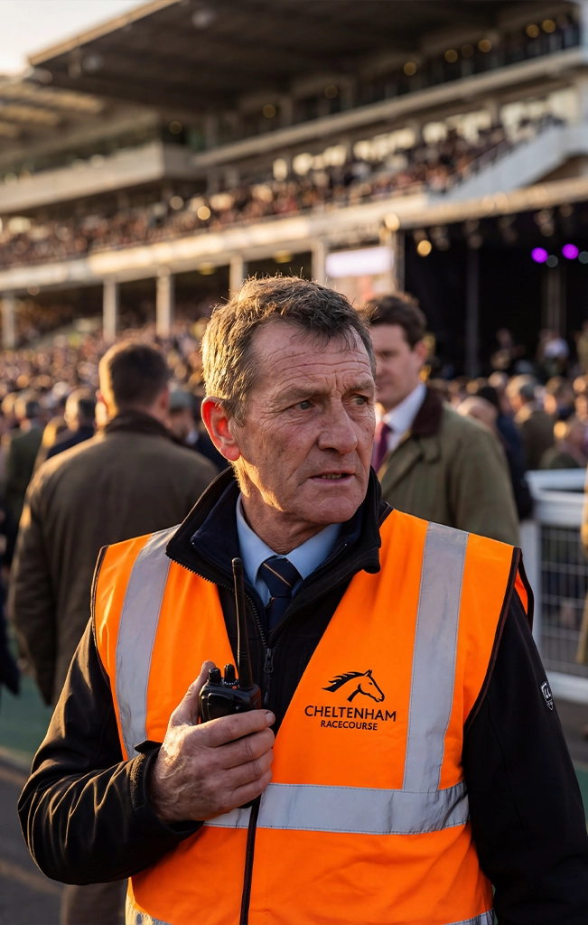A male security officer at a racecourse wearing an orange hi-vis vest with the Cheltenham Racecourse horse head logo and holding a walkie-talkie.